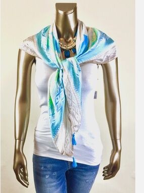 *NWT CLOSING-SALE CHIC'OS $64 ONE SIZE BLUE TEN PAISLY TASSEL SQUARE SCARF